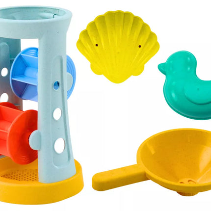 Smėlio žaislų rinkinys, malūnėlis, grėblys, kastuvas, formelės