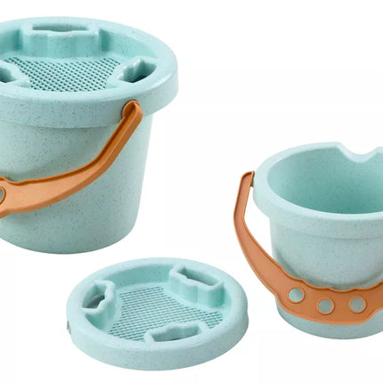 Smėlio kibirėlio rinkinys kastuvas grėblys sietelis formelės pastelinės spalvos