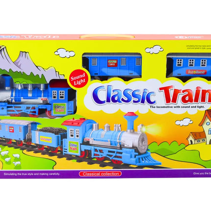 Traukinio rinkinys: 3 baterijomis varomi vagonai, bėgiai, šviesos ir garso efektai