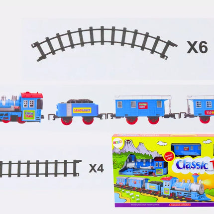 Traukinio rinkinys: 3 baterijomis varomi vagonai, bėgiai, šviesos ir garso efektai