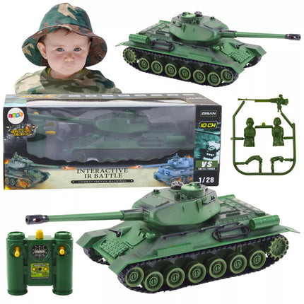 Nuotoliniu būdu valdomas karinis tankas RC 1:28 su besisukančiu bokšteliu, žalias