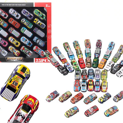 Automobilių spyruoklių rinkinys, spalvingi automobiliai su pavara, 25 vnt.