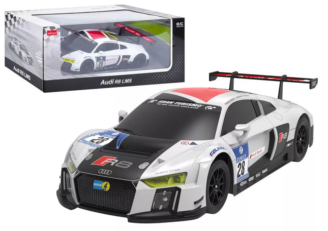 Automobilis R/C 1:24 valdomas nuotoliniu būdu sportinis AUDI R8 LMS, baltas ir juodas