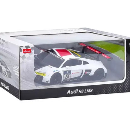 Automobilis R/C 1:24 valdomas nuotoliniu būdu sportinis AUDI R8 LMS, baltas ir juodas