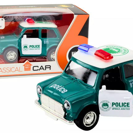 Klasikinis policijos automobilis 1:38, važiuojantis su šviesomis ir garsais, žalias