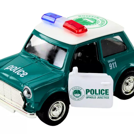 Klasikinis policijos automobilis 1:38, važiuojantis su šviesomis ir garsais, žalias