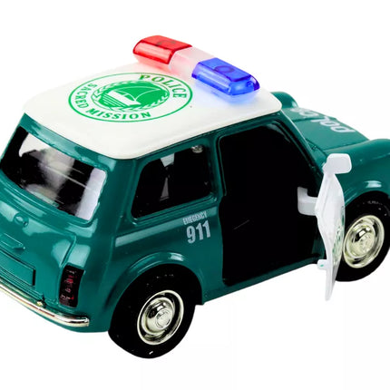 Klasikinis policijos automobilis 1:38, važiuojantis su šviesomis ir garsais, žalias