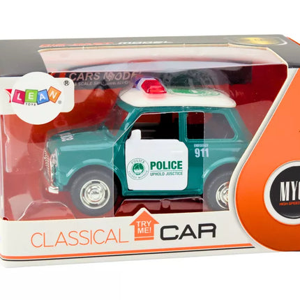 Klasikinis policijos automobilis 1:38, važiuojantis su šviesomis ir garsais, žalias