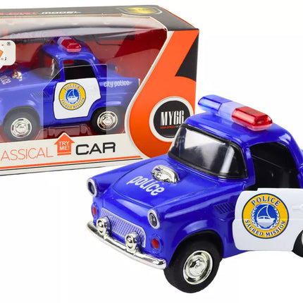 Klasikinis policijos automobilis 1:38 Važiavimo šviesos Garsai Mėlynas