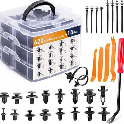 Automobilinių spaustukų rinkinys su dėklu, 16 dydžių, PVC, 620 vnt.