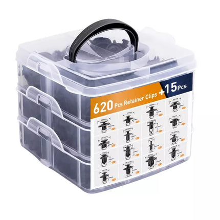 Automobilinių spaustukų rinkinys su dėklu, 16 dydžių, PVC, 620 vnt.