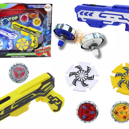 Šautuvų paleidimo rinkinys, 4 metaliniai diskai, mėlynos ir geltonos spalvos švieselės