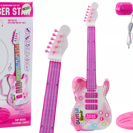 Elektrinės gitaros stovo rinkinys su mikrofonu, maitinamas baterijomis, rožinis