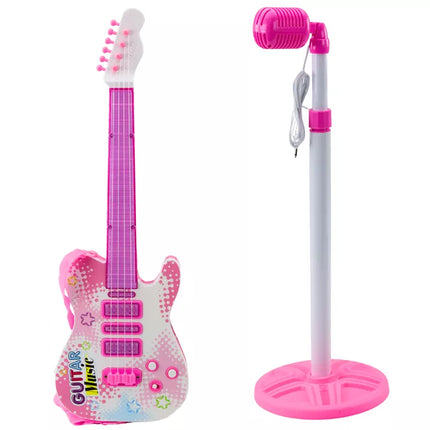 Elektrinės gitaros stovo rinkinys su mikrofonu, maitinamas baterijomis, rožinis