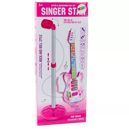 Elektrinės gitaros stovo rinkinys su mikrofonu, maitinamas baterijomis, rožinis
