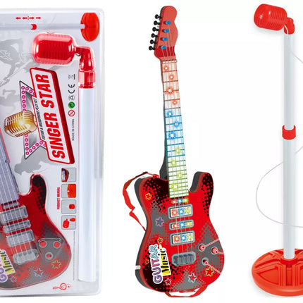 Elektrinės gitaros stovas su mikrofonu, maitinamas baterijomis, raudonas