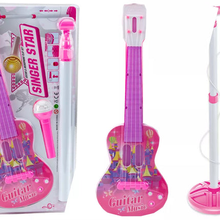 Elektrinės gitaros stovo rinkinys su mikrofonu, maitinamas baterijomis, rožinis
