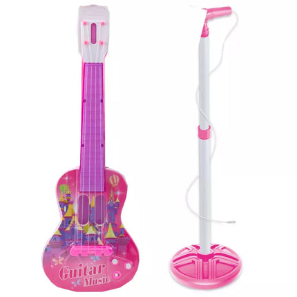 Elektrinės gitaros stovo rinkinys su mikrofonu, maitinamas baterijomis, rožinis