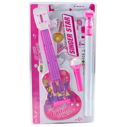 Elektrinės gitaros stovo rinkinys su mikrofonu, maitinamas baterijomis, rožinis