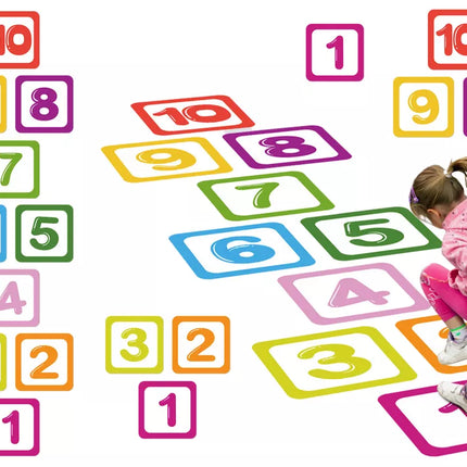 Grindų lipdukai skaičiai 1–10, skirti mokyti šokinėti ant vienos kojos