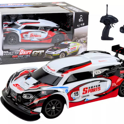 RC sportinis automobilis 1:16 drifto su keičiamais ratais, baltas ir raudonas