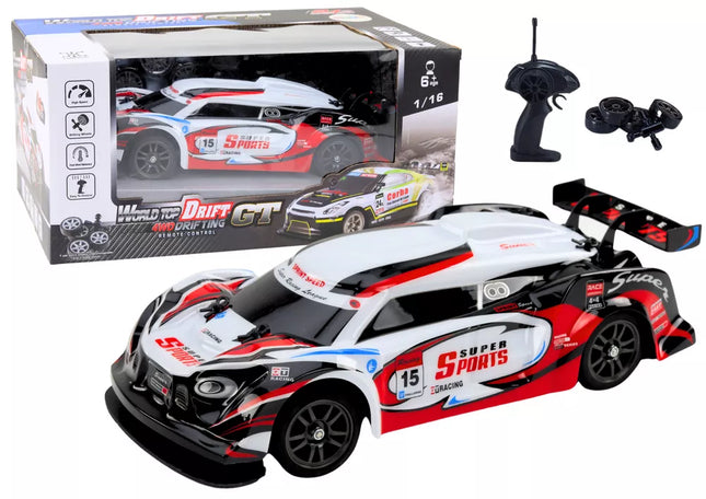RC sportinis automobilis 1:16 drifto su keičiamais ratais, baltas ir raudonas