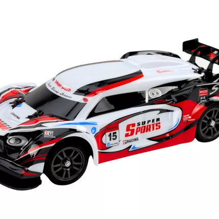 RC sportinis automobilis 1:16 drifto su keičiamais ratais, baltas ir raudonas