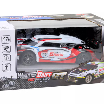 RC sportinis automobilis 1:16 drifto su keičiamais ratais, baltas ir raudonas