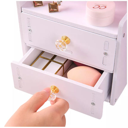 Mini komodos su makiažo veidrodžiu ir dviem stalčiais, su ausytėmis, medinis, baltas