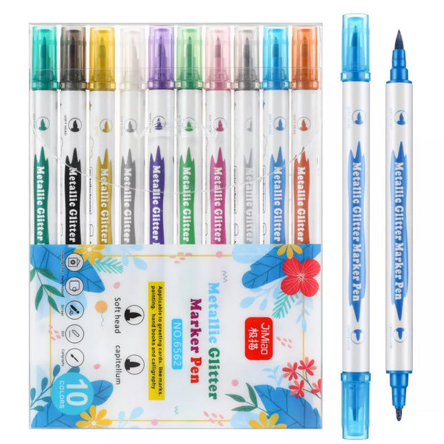 Metalinių blizgučių žymeklių rinkinys, spalvoti, dvipusiai, 10 vnt.