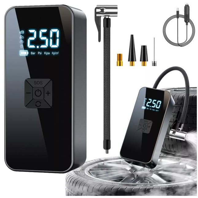 Elektrinis mini nešiojamas kompresorius su LED žibintuvėliu ir 3 antgaliais