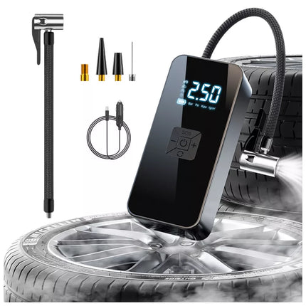 Elektrinis mini nešiojamas kompresorius su LED žibintuvėliu ir 3 antgaliais