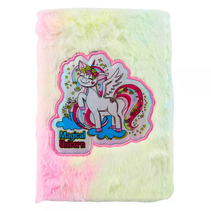 Pliušinis užrašų knygutė su kailiu, su linijomis, vienaragis, spalvinga, A5 formato