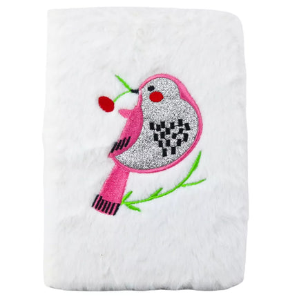 Pliušinis sąsiuvinis su paukščio sidabro blizgučiais, baltas, su linijomis