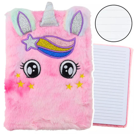 Pliušinis sąsiuvinis su linijomis, vienaragis, rožinis, vaivorykštės spalvų