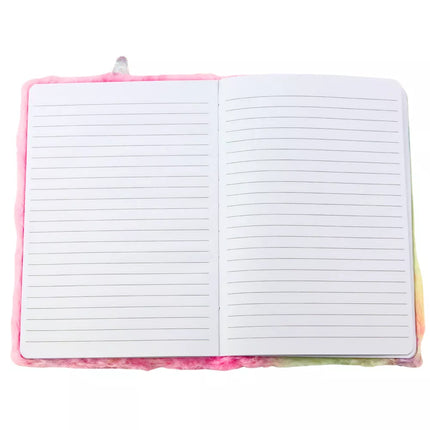 Pliušinis sąsiuvinis su linijomis, vienaragis, rožinis, vaivorykštės spalvų
