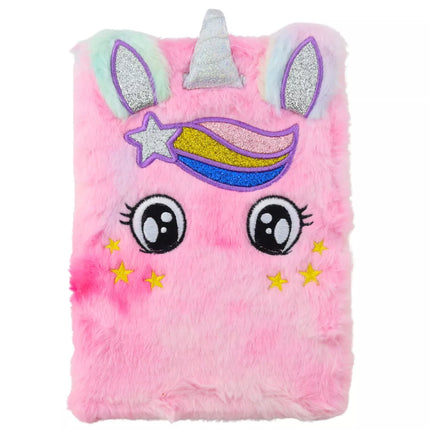 Pliušinis sąsiuvinis su linijomis, vienaragis, rožinis, vaivorykštės spalvų