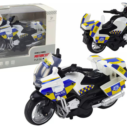 Policijos motociklas su trinties pavara, maitinamas baterijomis, šviečia ir skleidžia garsus