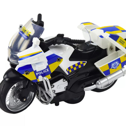 Policijos motociklas su trinties pavara, maitinamas baterijomis, šviečia ir skleidžia garsus