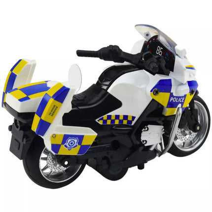 Policijos motociklas su trinties pavara, maitinamas baterijomis, šviečia ir skleidžia garsus