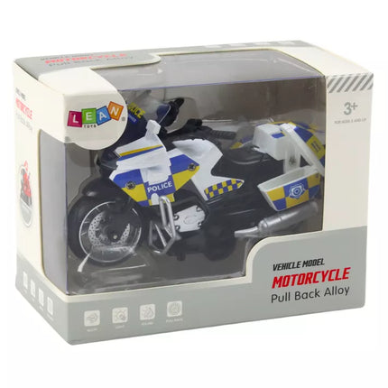 Policijos motociklas su trinties pavara, maitinamas baterijomis, šviečia ir skleidžia garsus