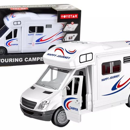 Automobilinis kemperis su baltomis šviesomis, garsais ir atidaromomis durimis