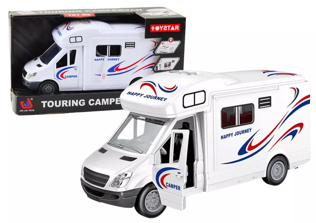 Automobilinis kemperis su baltomis šviesomis, garsais ir atidaromomis durimis