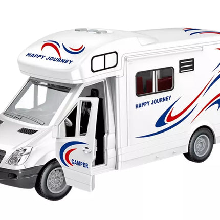 Automobilinis kemperis su baltomis šviesomis, garsais ir atidaromomis durimis