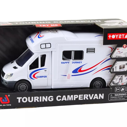 Automobilinis kemperis su baltomis šviesomis, garsais ir atidaromomis durimis