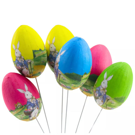 Velykiniai kiaušiniai ant vielos, dekoratyvinė šakelė su zuikučiu ir krepšeliu, 6 vnt.