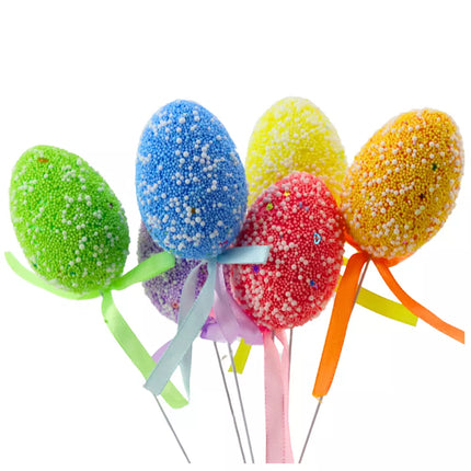 Velykiniai kiaušiniai ant vielos, margi raštai, dekoruoti kaspinu, 6 vnt. B