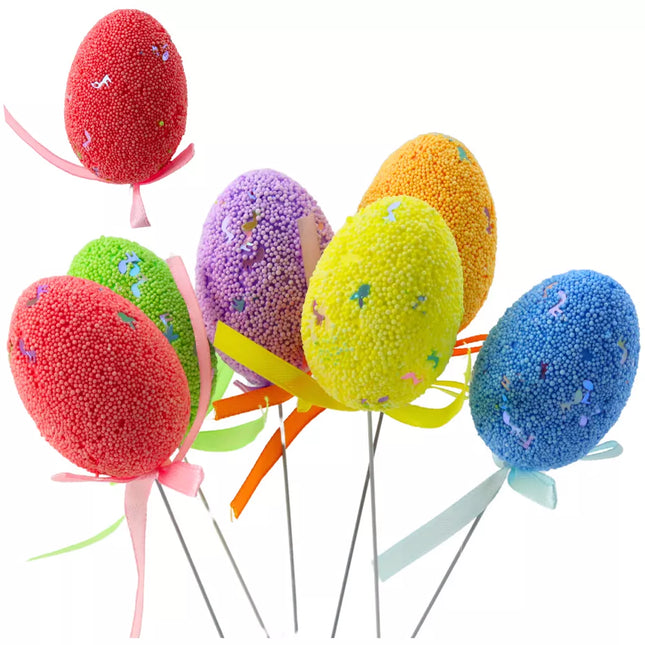 Velykiniai kiaušiniai ant vielos, spalvingos natos, dekoratyvinė juostelė, 6 vnt.