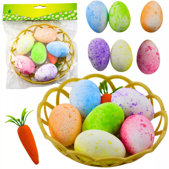 Velykinės dekoracijos krepšelyje Kiaušiniai Morka Spalvinga 7vnt