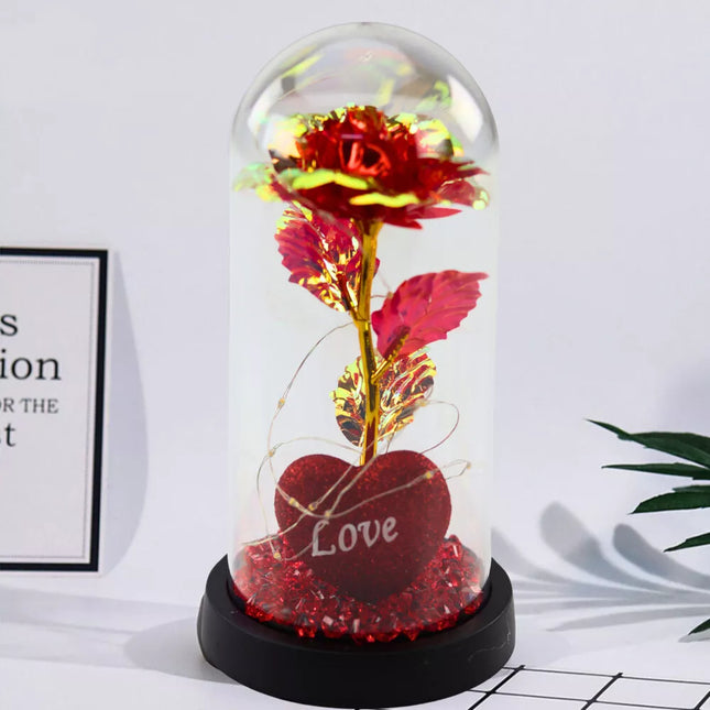 Amžina rožė kupole su LED apšvietimu, širdelės formos karoliukai, raudona, 21x11cm